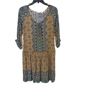 Orange Creek Women's Size L Large Boho Western Print Dress 3/4 Sleeve